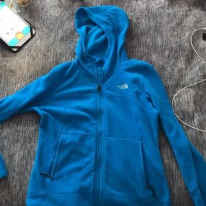 Blue hooded north face jacket